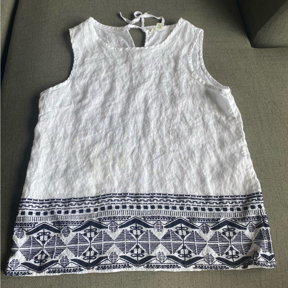 Artisan NY 100% Linen Sleeveless Blouse Medium White Navy Blue Embroidered Hem